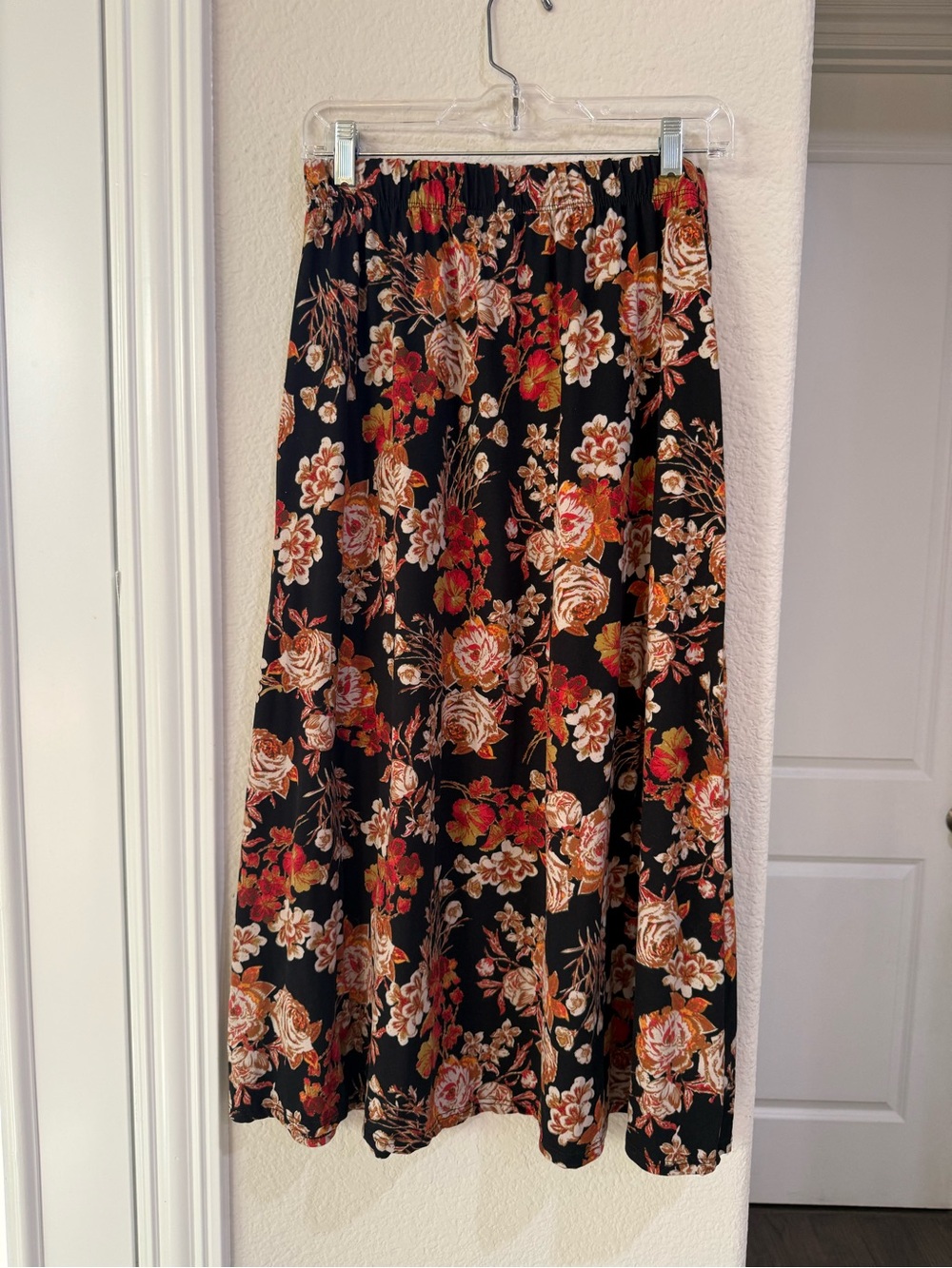 NY Collection Black Maxi Skirt with Rust and Cream Floral Print
